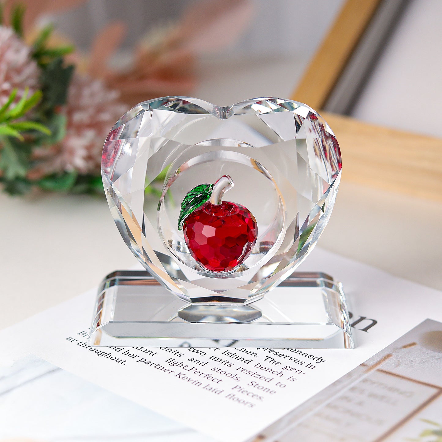 Heart-shaped Crystal Paperweight with Colorful Apple