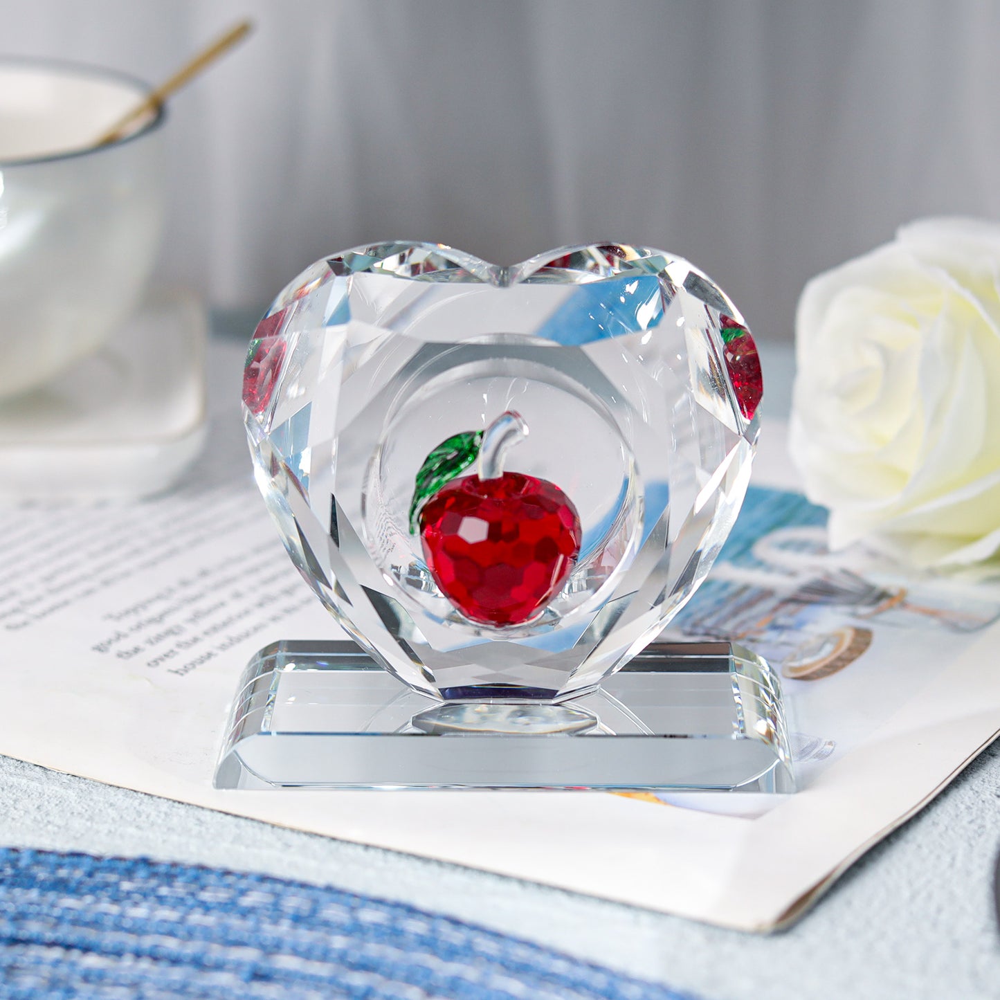 Heart-shaped Crystal Paperweight with Colorful Apple