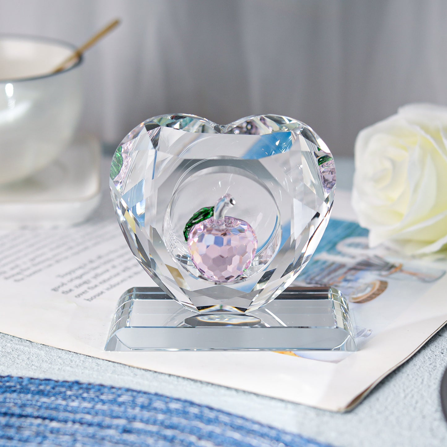 Heart-shaped Crystal Paperweight with Colorful Apple