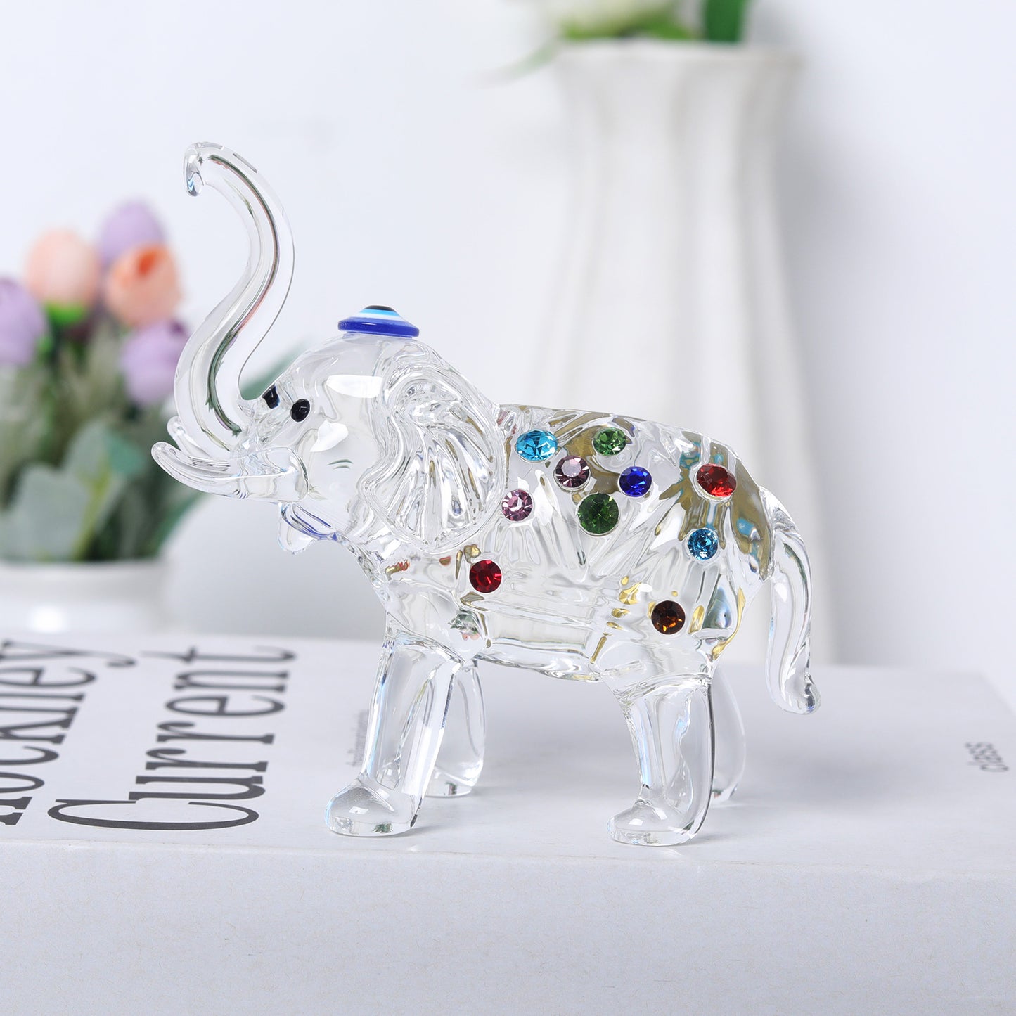 Crystal Elephant Statue with Colorful Diamond