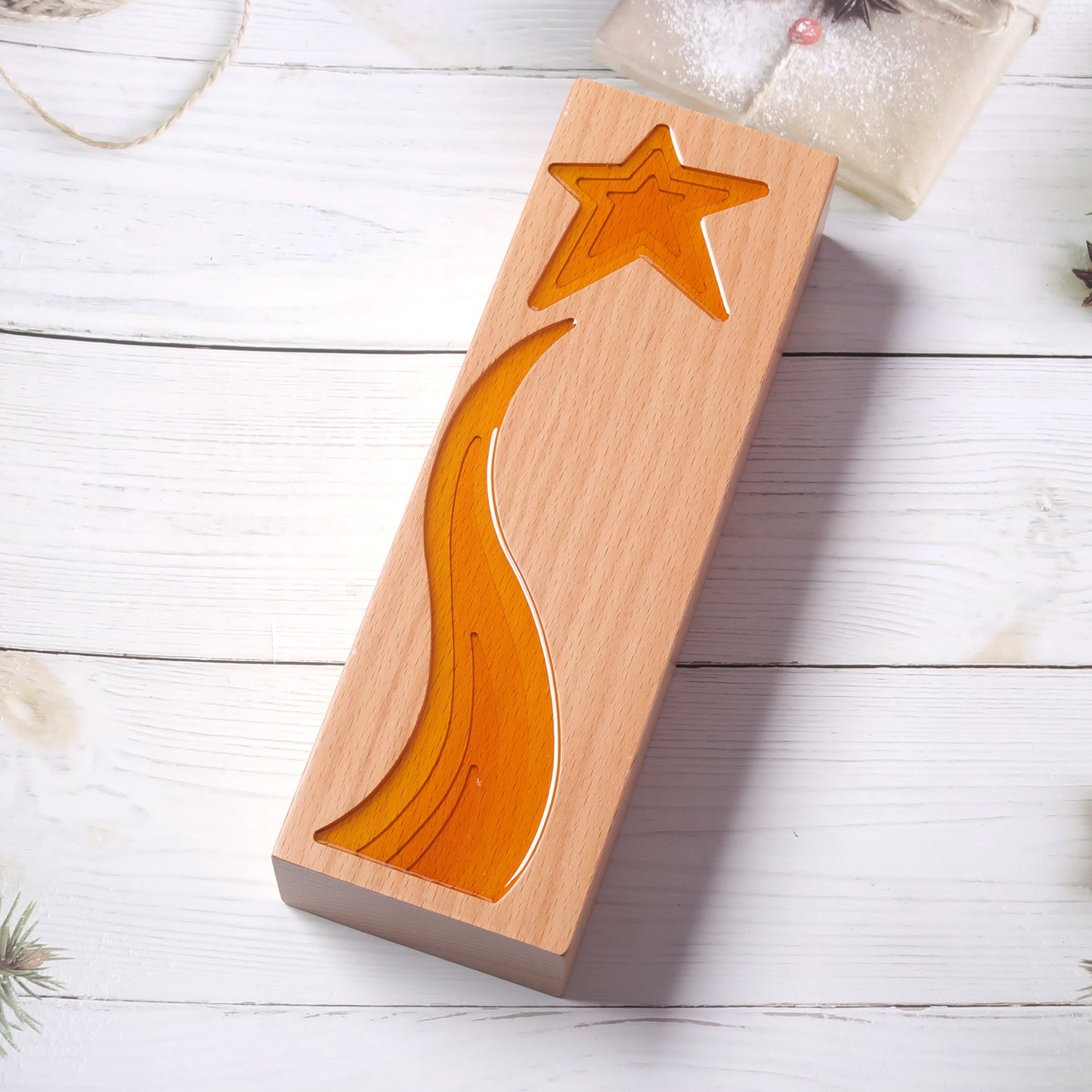 Longwin Rectangular Wooden Trophy with Star and Ribbon Pattern