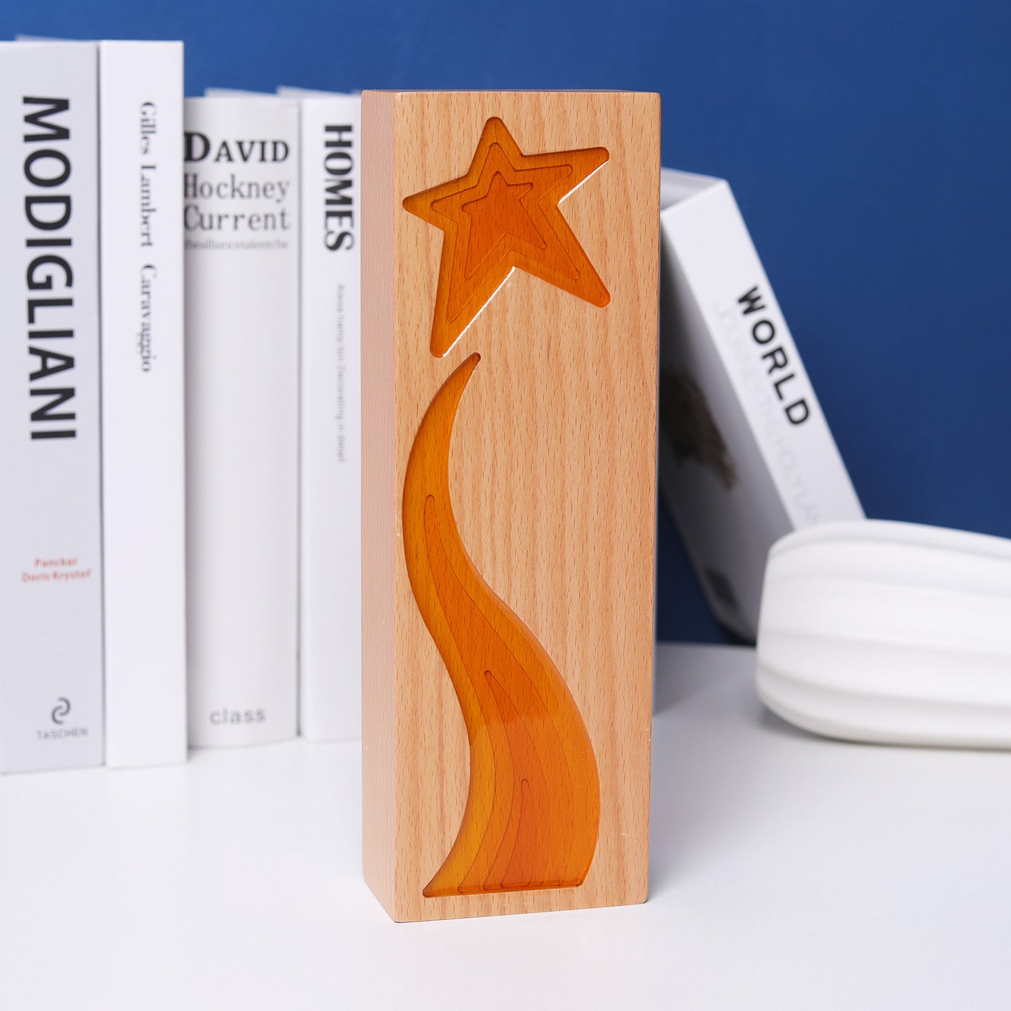 Longwin Rectangular Wooden Trophy with Star and Ribbon Pattern