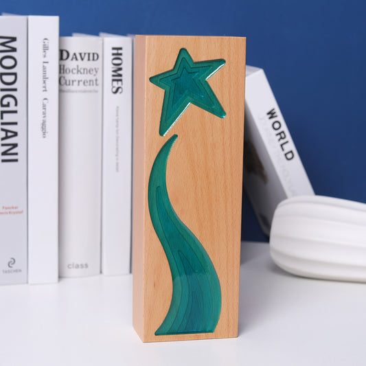 Longwin Rectangular Wooden Trophy with Star and Ribbon Pattern